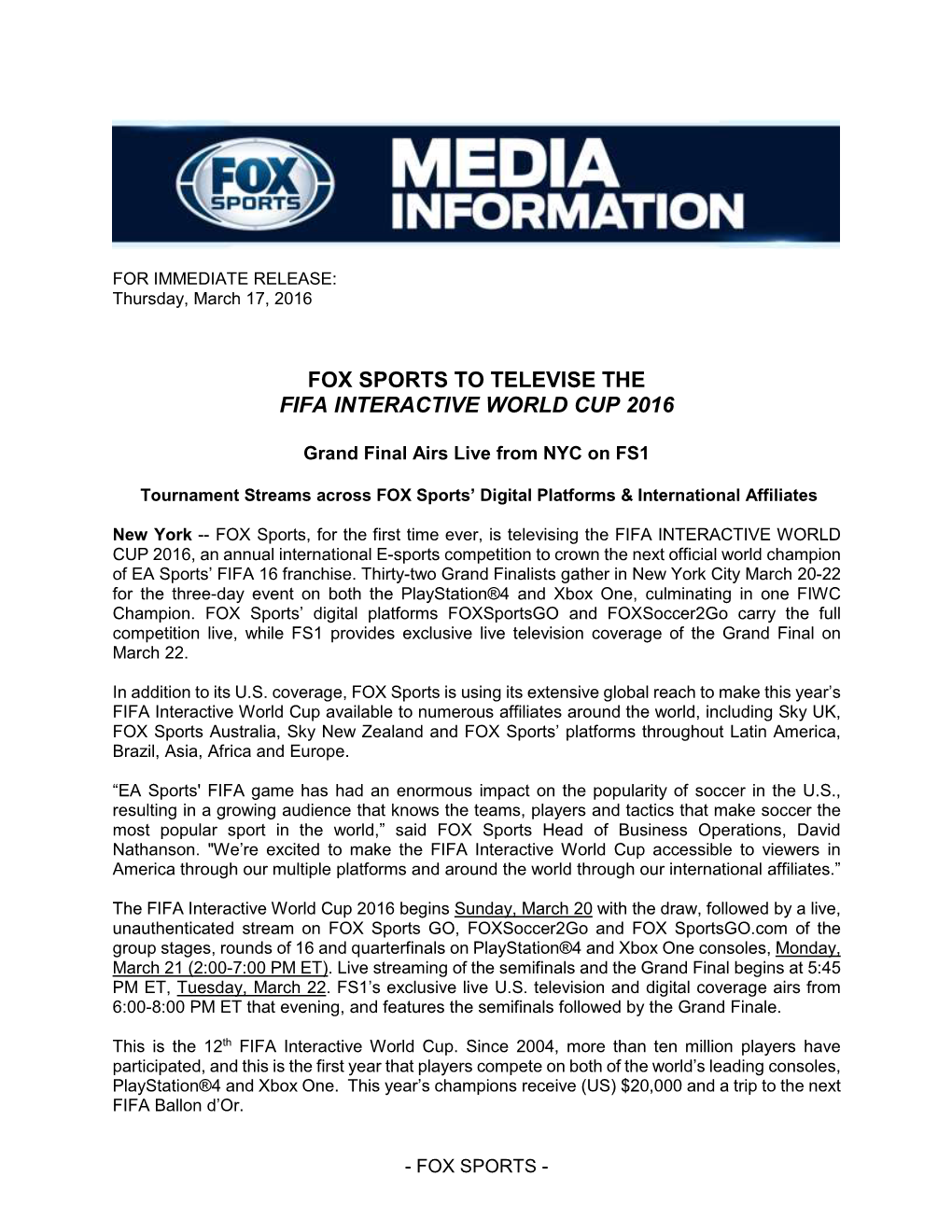 Fox Sports to Televise the Fifa Interactive World Cup 2016