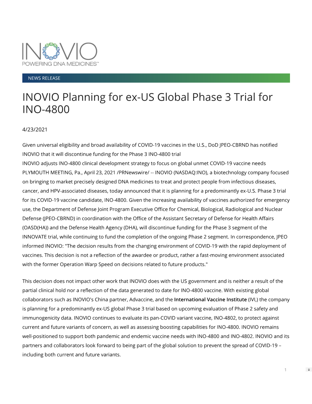 INOVIO Planning for Ex-US Global Phase 3 Trial for INO-4800