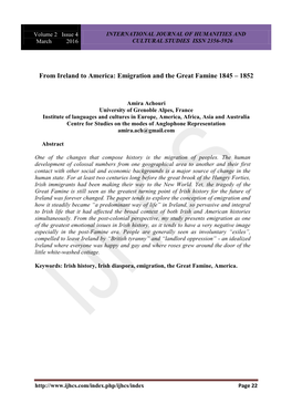 From Ireland to America: Emigration and the Great Famine 1845 – 1852