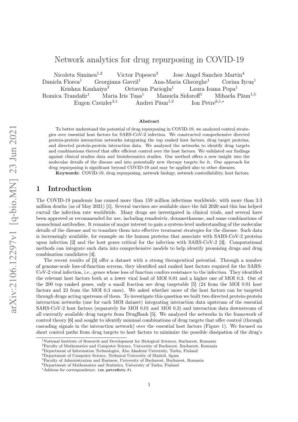 Network Analytics for Drug Repurposing in COVID-19