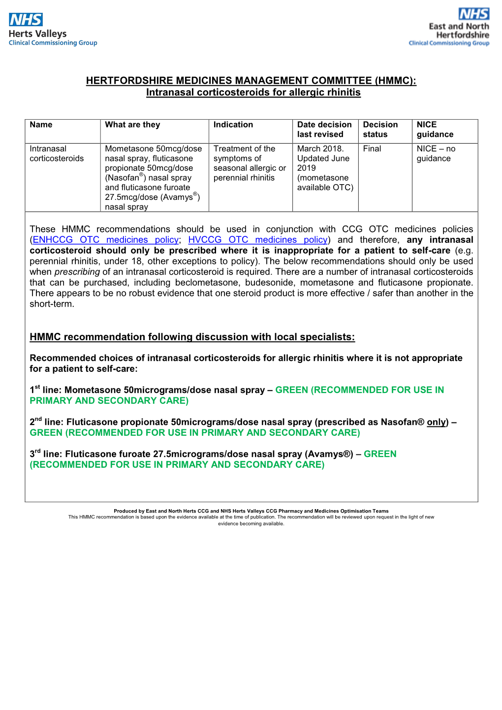 (HMMC): Intranasal Corticosteroids for Allergic Rhinitis