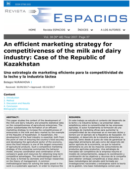 An Efficient Marketing Strategy for Competitiveness of the Milk and Dairy Industry: Case of the Republic of Kazakhstan