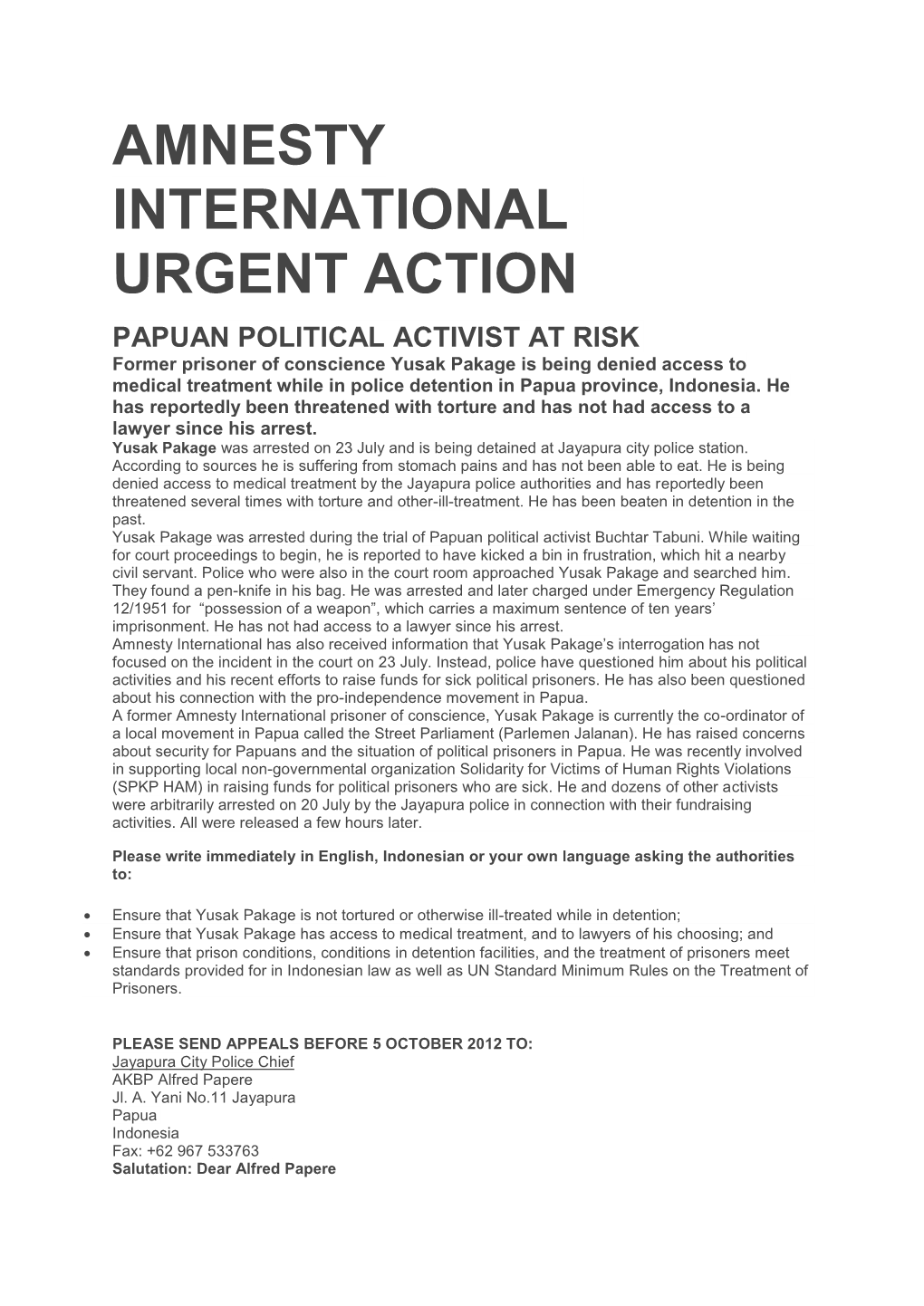 Amnesty International Urgent Action