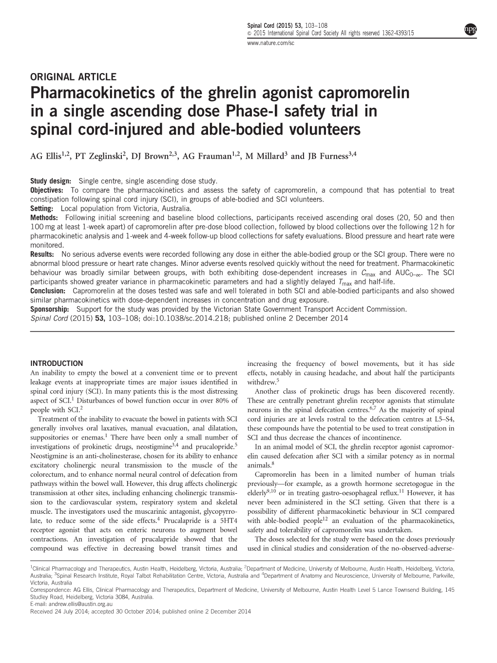 Pharmacokinetics of the Ghrelin Agonist Capromorelin in a Single Ascending Dose Phase-I Safety Trial in Spinal Cord-Injured and Able-Bodied Volunteers