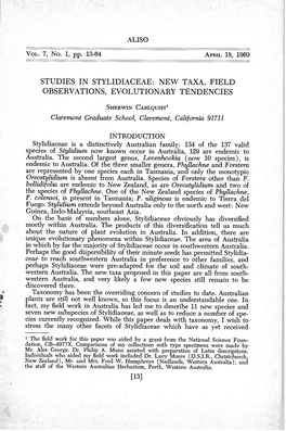 Studies in Stylidiaceae: New Taxa, Field Observations, Evolutionary Tendencies