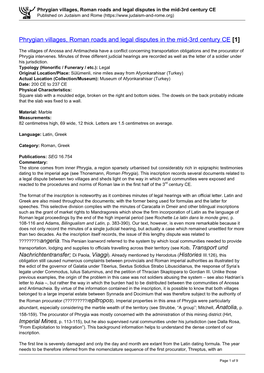 Phrygian Villages, Roman Roads and Legal Disputes in the Mid-3Rd Century CE Published on Judaism and Rome (