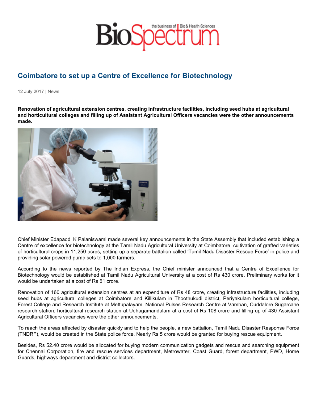Coimbatore to Set up a Centre of Excellence for Biotechnology