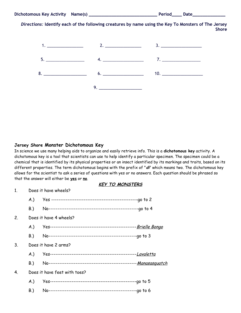 Dichotomous Key Activity s1