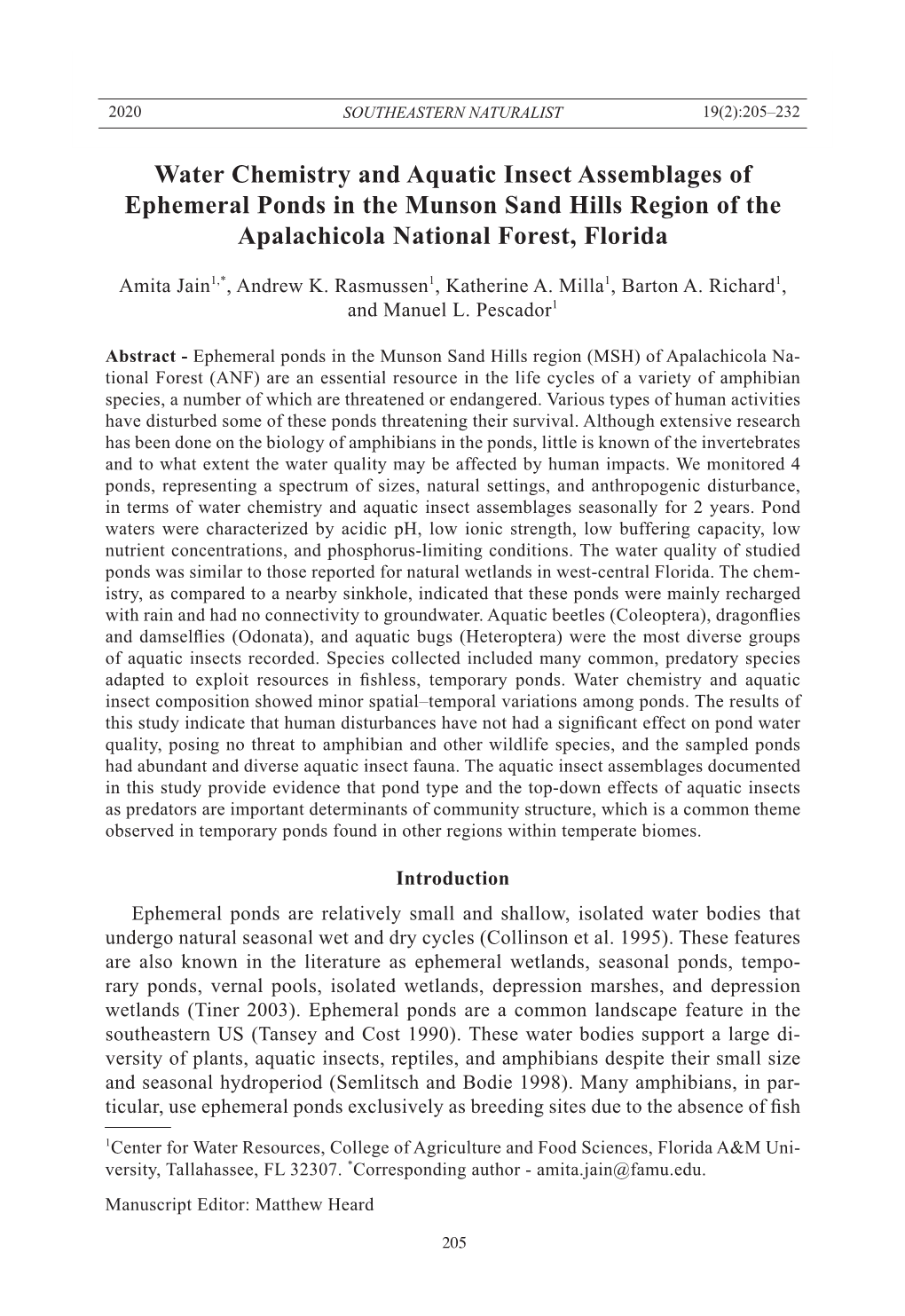 Water Chemistry and Aquatic Insect Assemblages of Ephemeral Ponds in the Munson Sand Hills Region of the Apalachicola National Forest, Florida