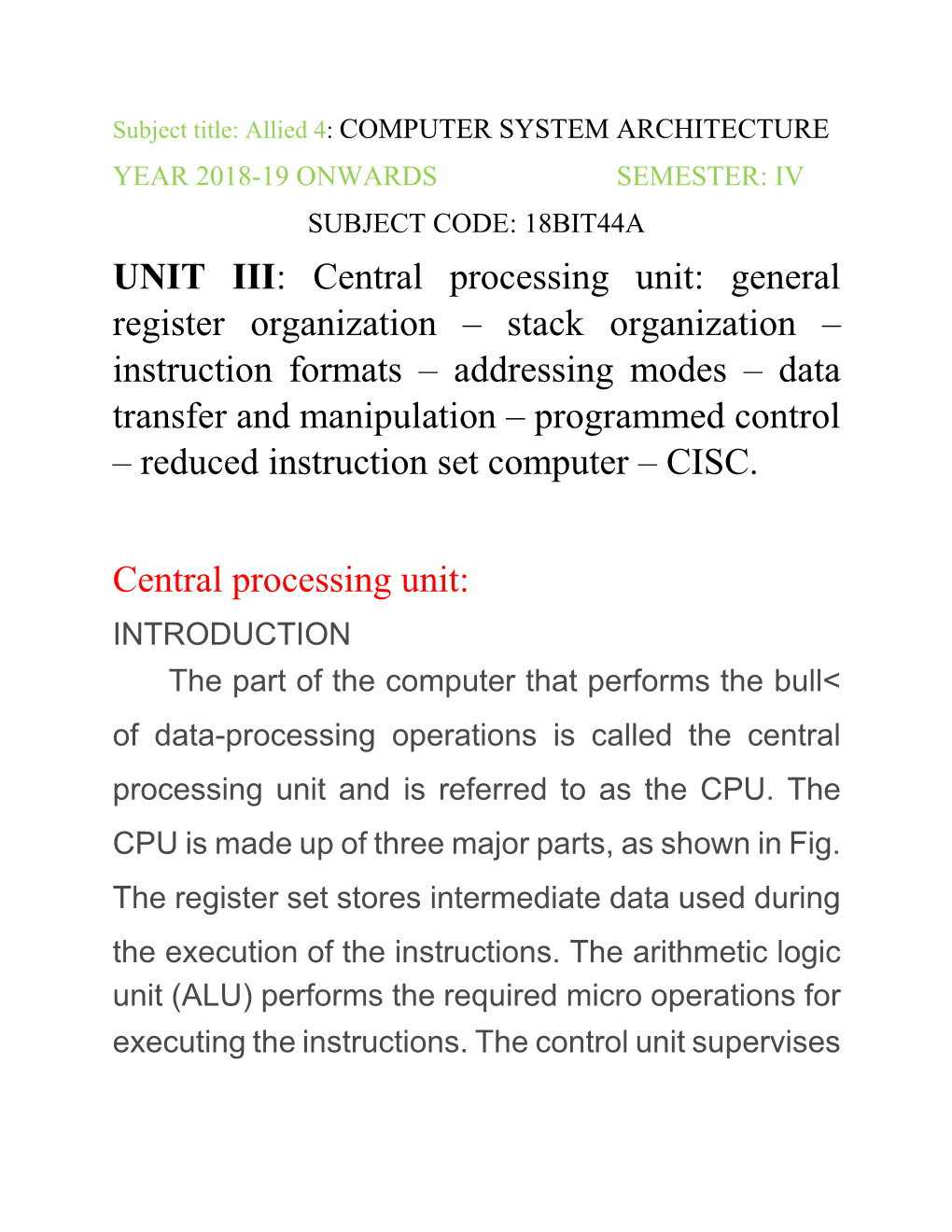 Central Processing Unit: General Register Organization – Stack