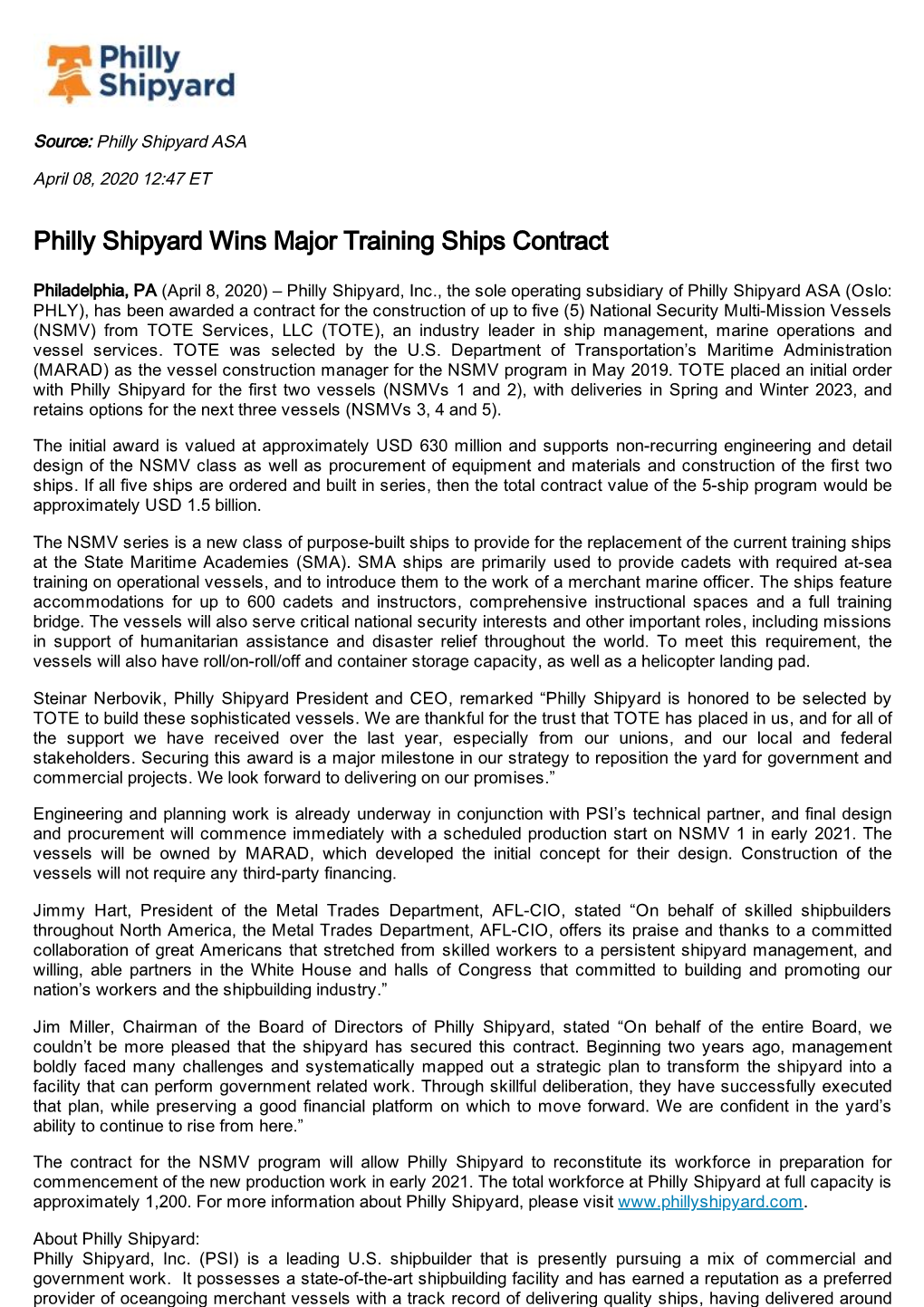 Philly Shipyard Wins Major Training Ships Contract