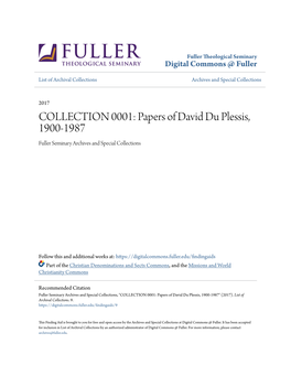 COLLECTION 0001: Papers of David Du Plessis, 1900-1987 Fuller Seminary Archives and Special Collections