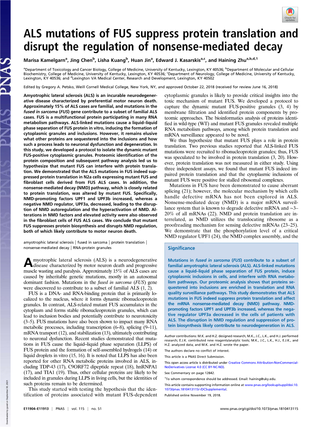 ALS Mutations of FUS Suppress Protein Translation and Disrupt the Regulation of Nonsense-Mediated Decay