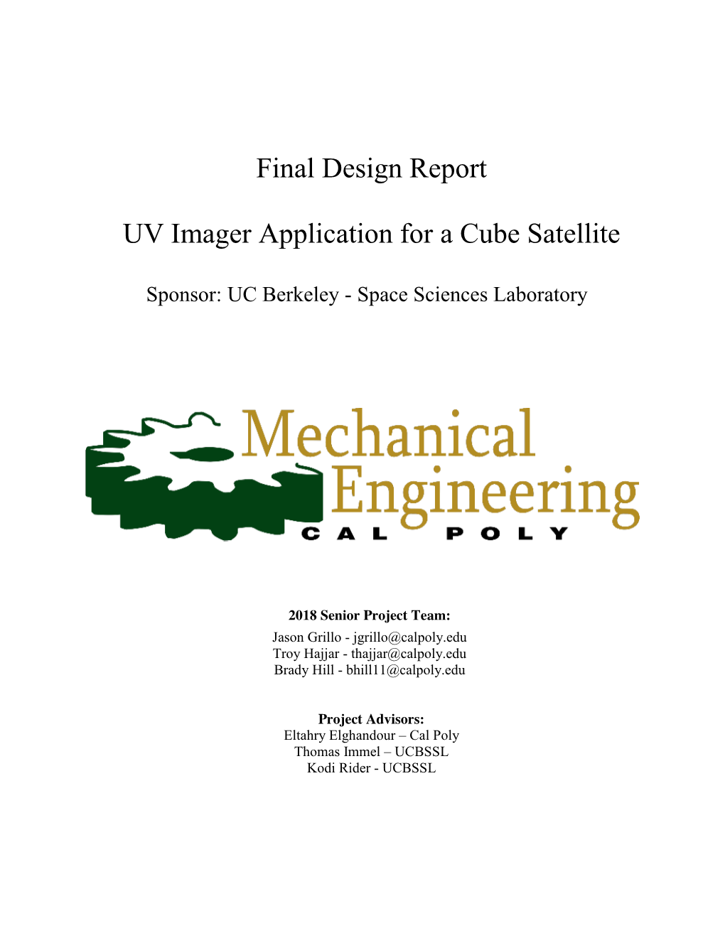 Final Design Report UV Imager Application for a Cube Satellite