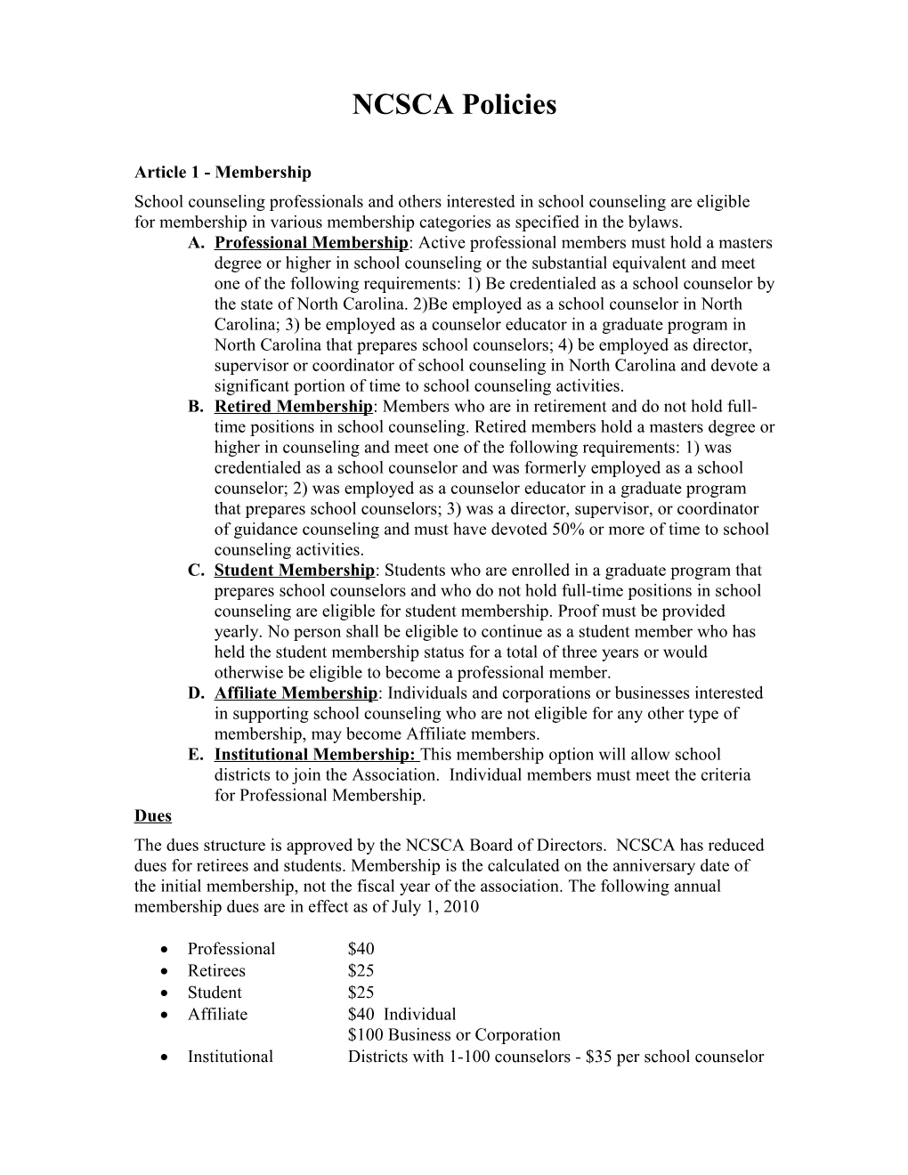 NCSCA Policies (Draft)