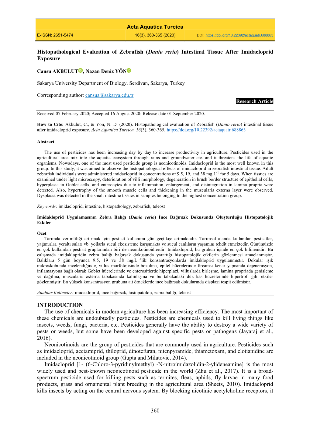 360 Histopathological Evaluation of Zebrafish (Danio Rerio)