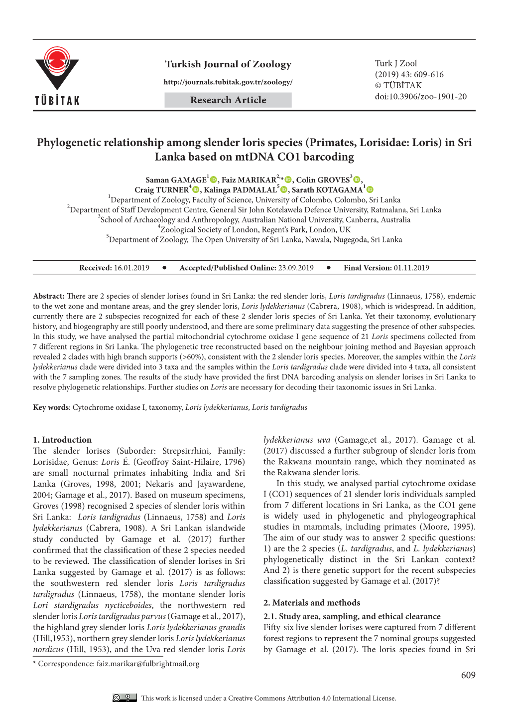 Primates, Lorisidae: Loris) in Sri Lanka Based on Mtdna CO1 Barcoding