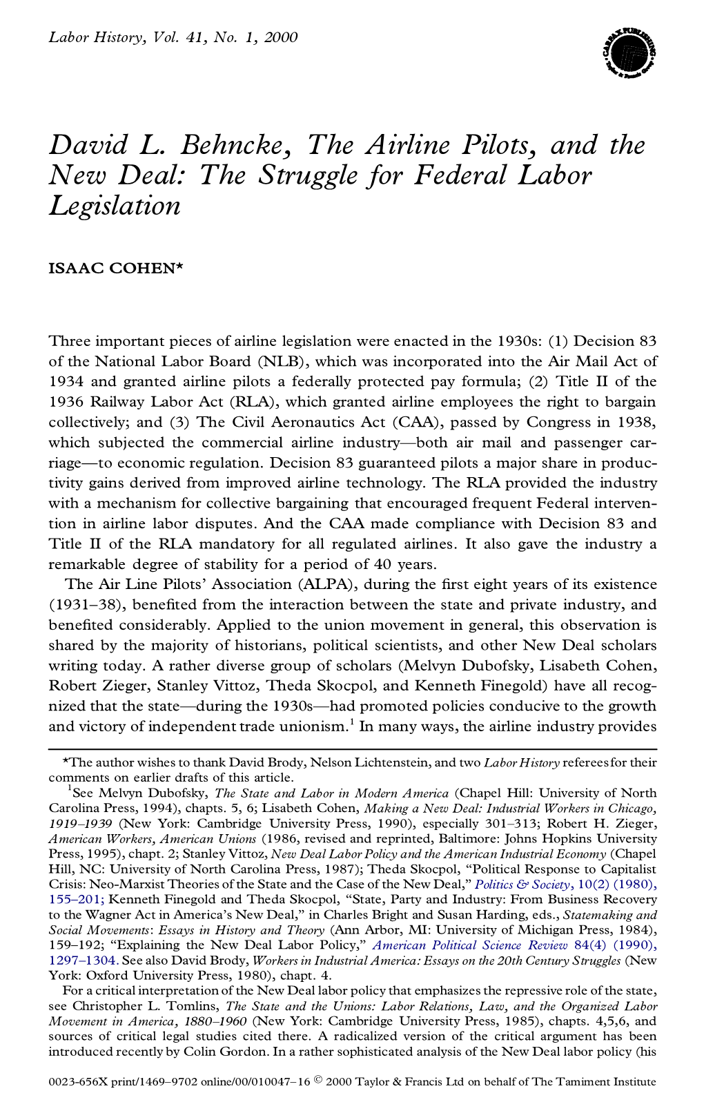 David L. Behncke, the Airline Pilots, and the New Deal: the Struggle for Federal Labor Legislation