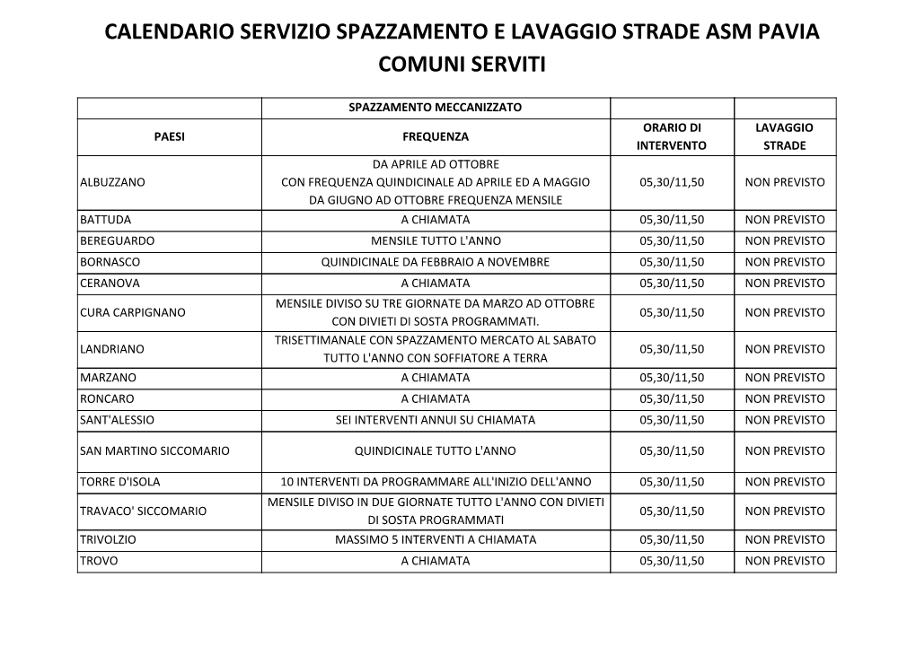 Calendario Servizio Spazzamento E Lavaggio Strade Asm Pavia Comuni Serviti