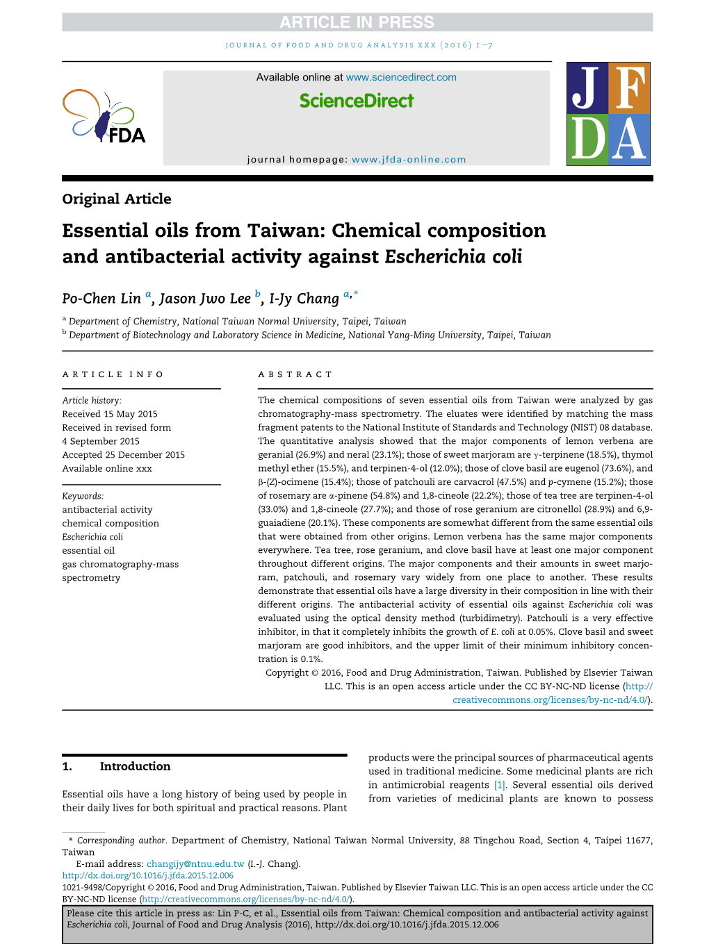 Essential Oils from Taiwan: Chemical Composition and Antibacterial Activity Against Escherichia Coli