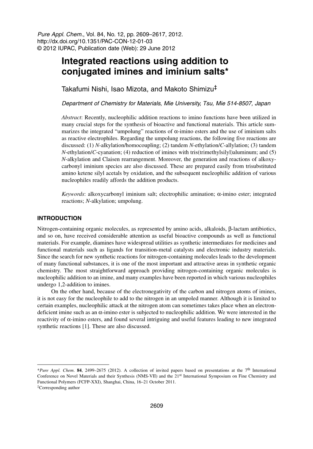 Integrated Reactions Using Addition to Conjugated Imines and Iminium Salts*