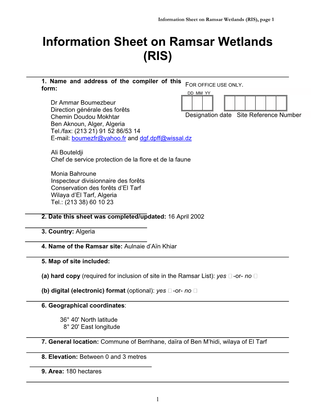 Information Sheet on Ramsar Wetlands (RIS), Page 1