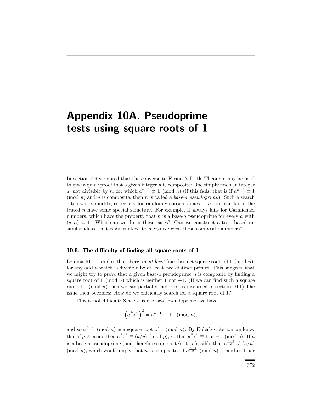 Appendix 10A. Pseudoprime Tests Using Square Roots of 1