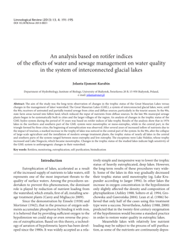 An Analysis Based on Rotifer Indices of the Effects of Water and Sewage Management on Water Quality in the System of Interconnected Glacial Lakes