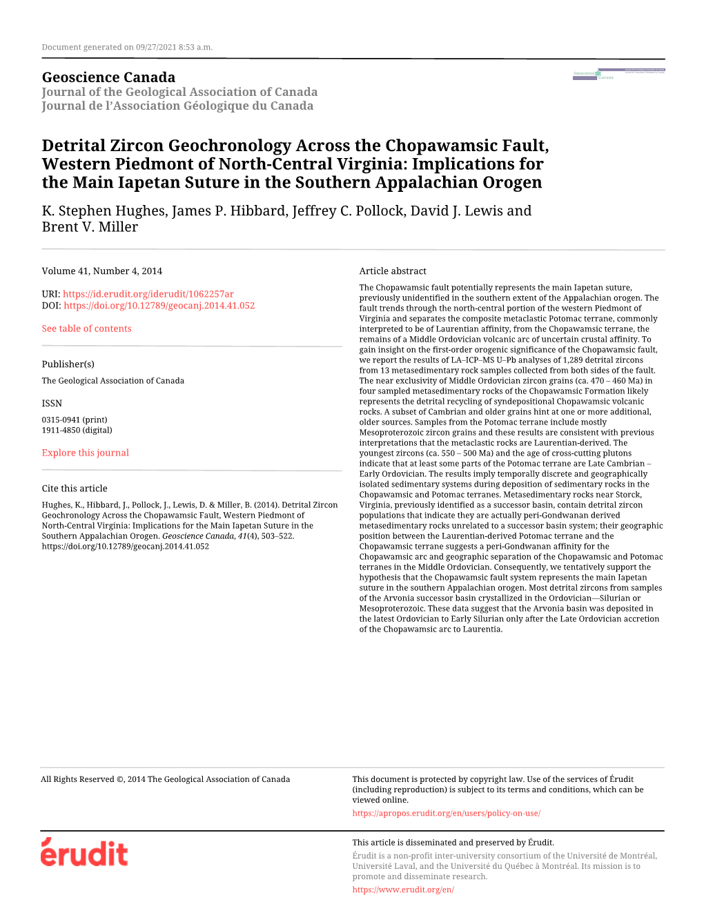 Detrital Zircon Geochronology Across the Chopawamsic