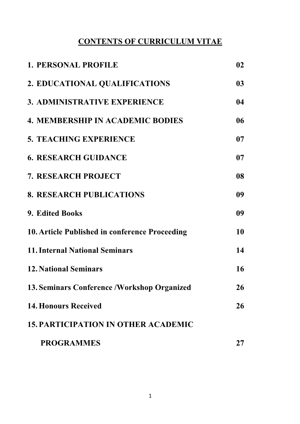 Contents of Curriculum Vitae 1. Personal Profile 02 2. Educational Qualifications 03 3. Administrative Experience 04 4. Me