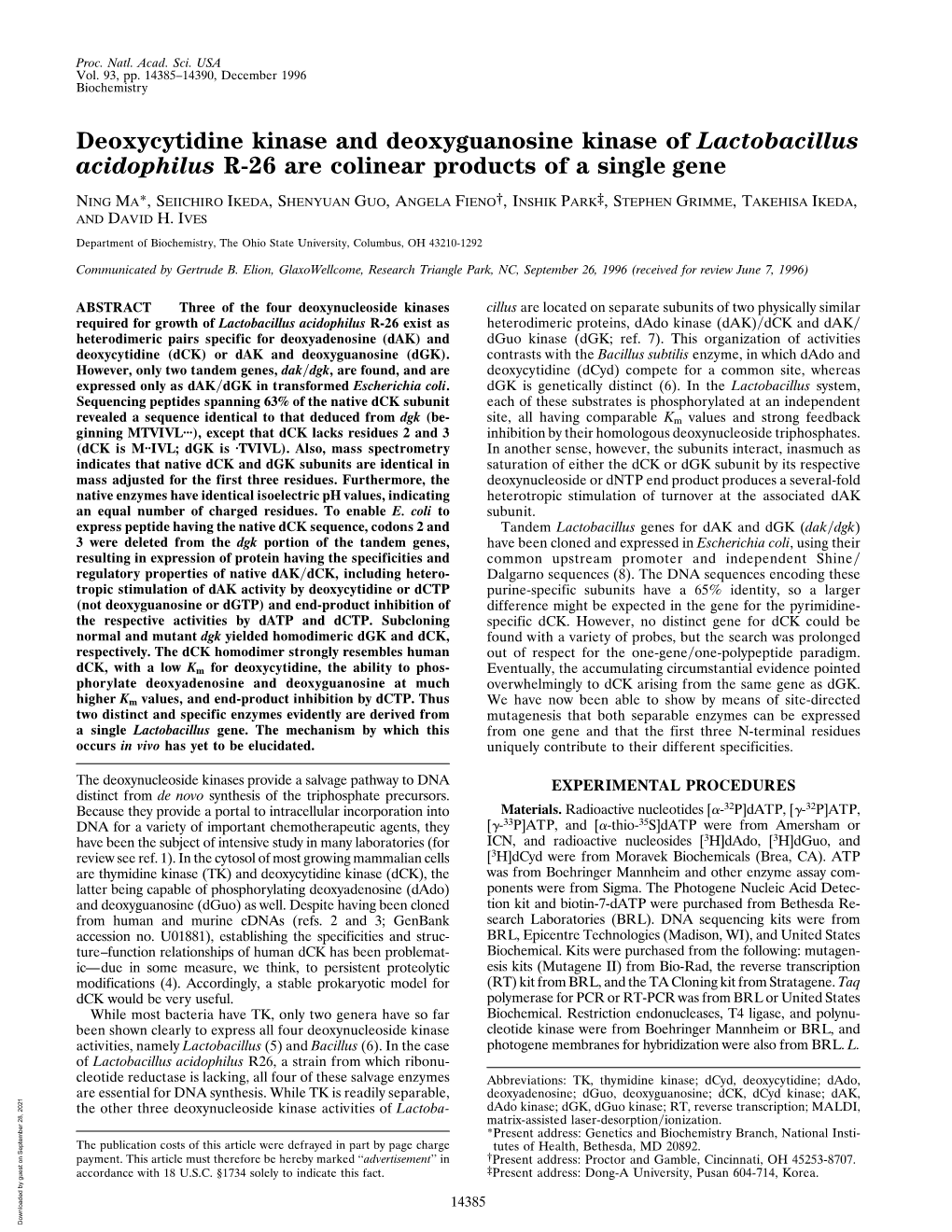 Deoxycytidine Kinase and Deoxyguanosine Kinase of Lactobacillus Acidophilus R-26 Are Colinear Products of a Single Gene
