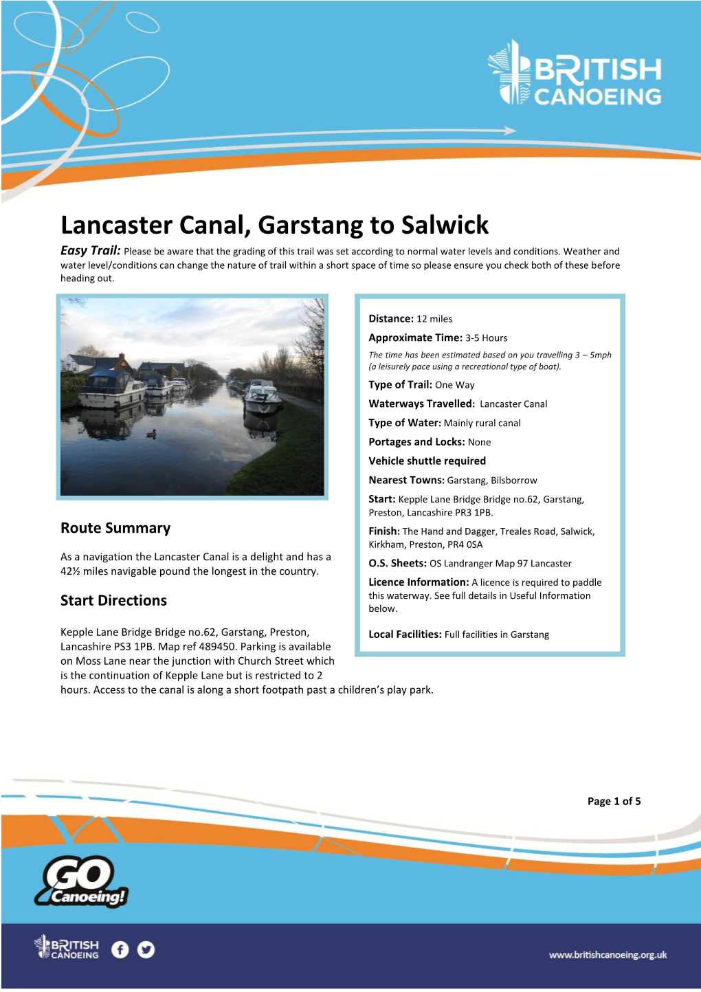 Lancaster Canal, Garstang to Salwick Easy Trail: Please Be Aware That the Grading of This Trail Was Set According to Normal Water Levels and Conditions