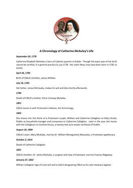 A Chronology of Catherine Mcauley's Life