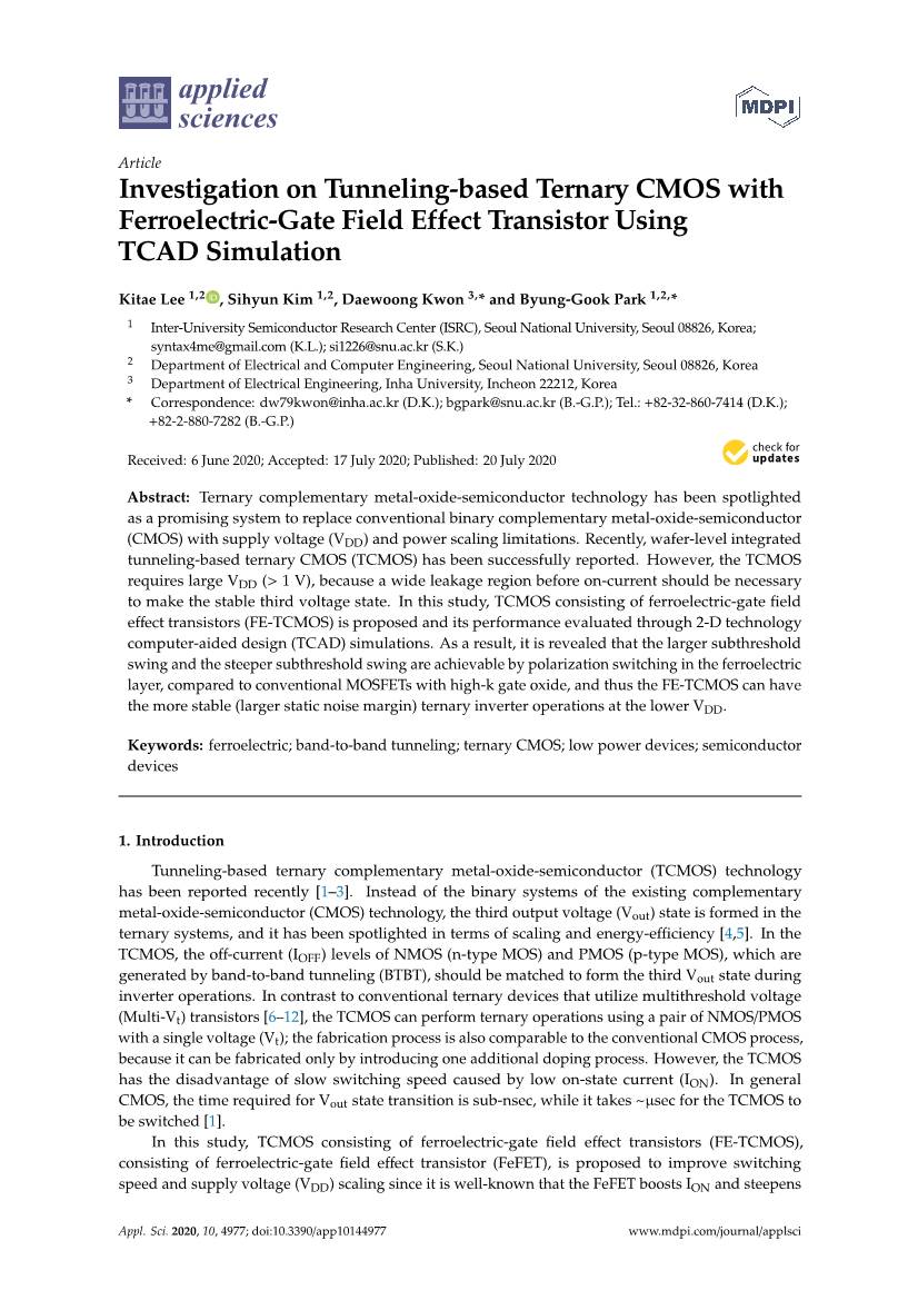 Investigation on Tunneling-Based Ternary CMOS with Ferroelectric-Gate Field Effect Transistor Using TCAD Simulation