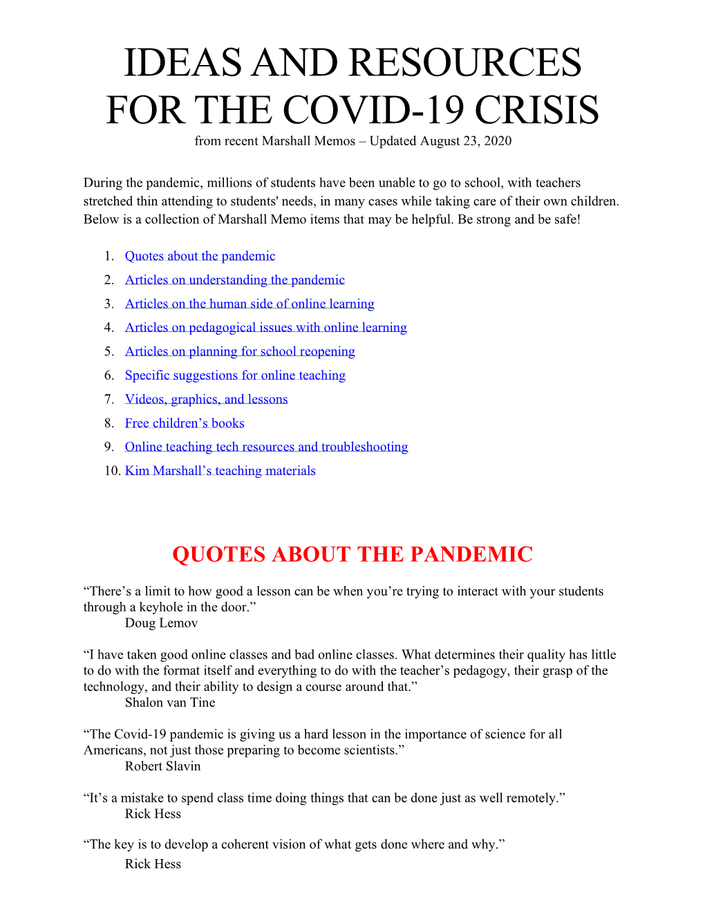 IDEAS and RESOURCES for the COVID-19 CRISIS from Recent Marshall Memos – Updated August 23, 2020