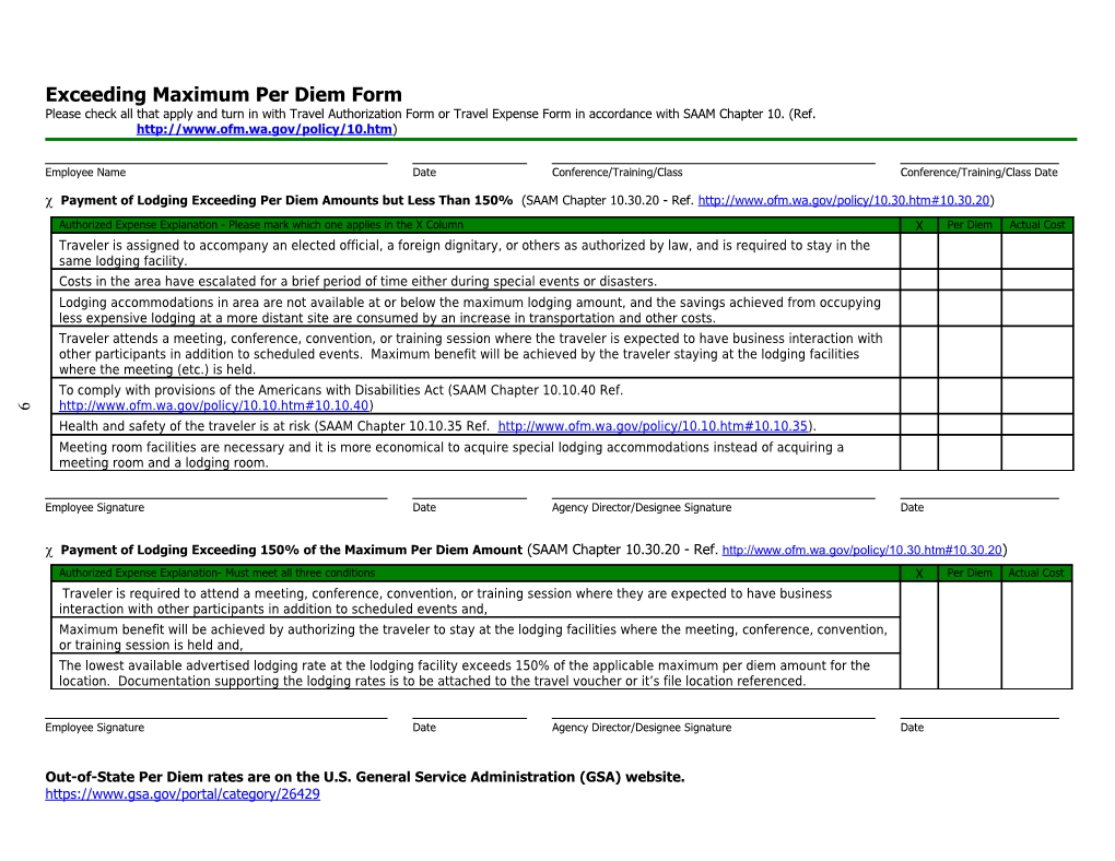 Exceeding Maximum Per Diem Form