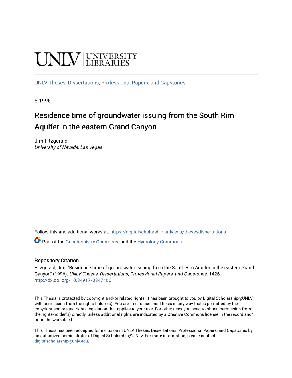 Residence Time of Groundwater Issuing from the South Rim Aquifer in the Eastern Grand Canyon