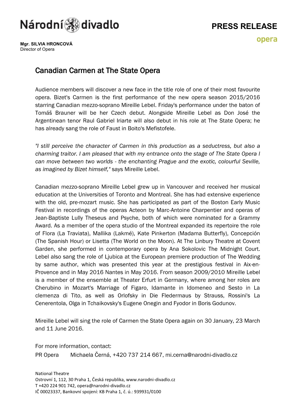 PRESS RELEASE Canadian Carmen at the State Opera