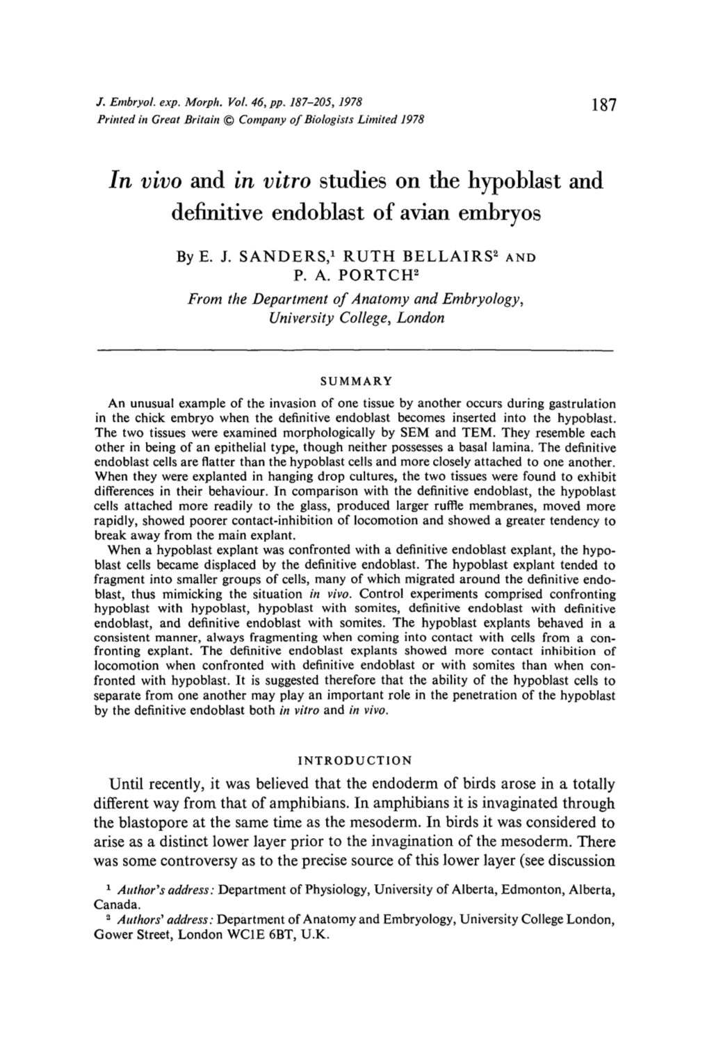 In Vivo and in Vitro Studies on the Hypoblast and Definitive Endoblast of Avian Embryos