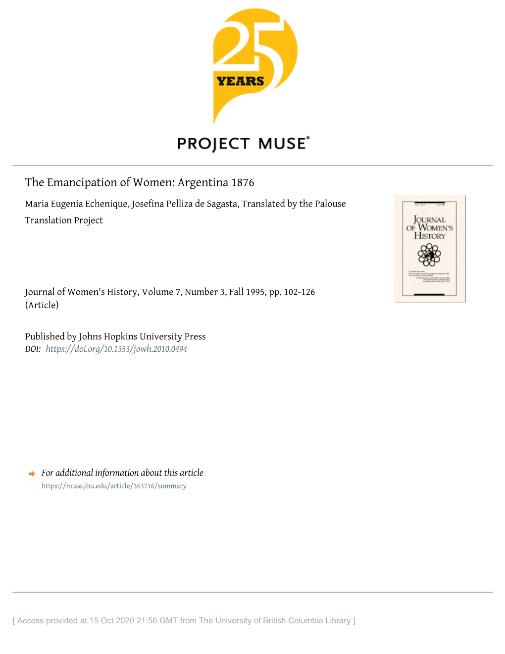 The Emancipation of Women: Argentina 1876 Maria Eugenia Echenique, Josefina Pelliza De Sagasta, Translated by the Palouse Translation Project