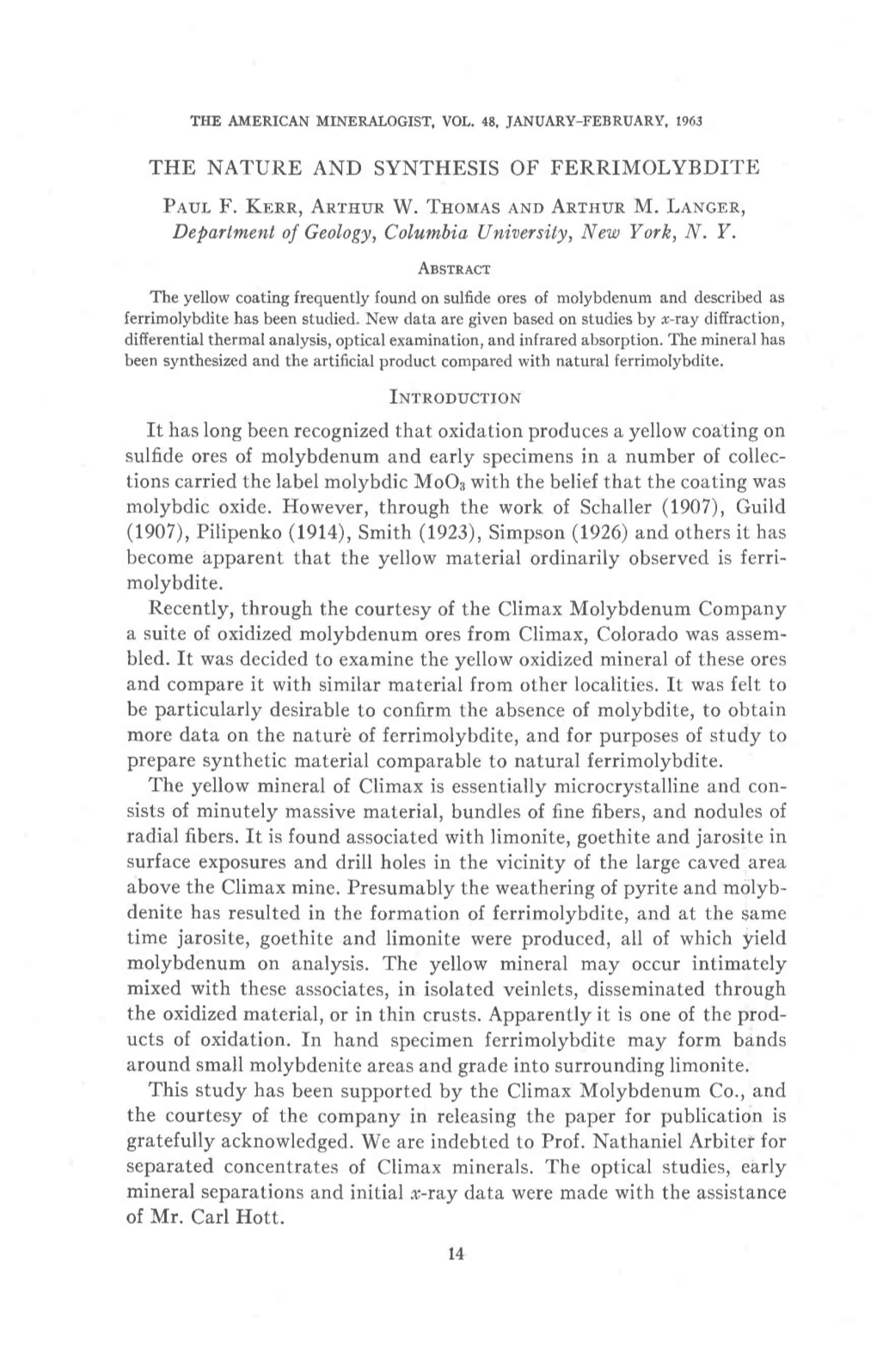 THE NATURE and SYNTHESIS of FERRIMOLYBDITE Plur F. Konn