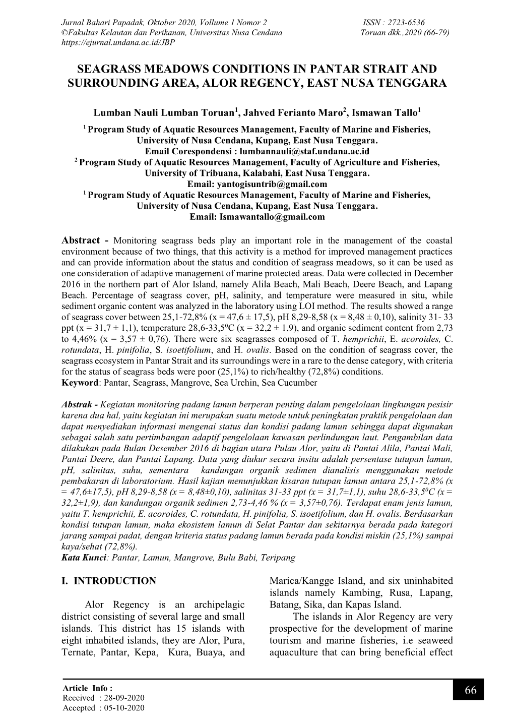 66 Seagrass Meadows Conditions in Pantar Strait and Surrounding Area, Alor Regency, East Nusa Tenggara