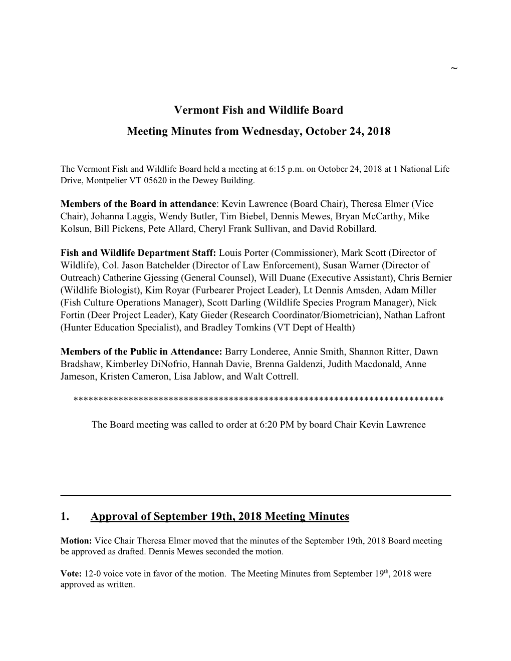 ~ Vermont Fish and Wildlife Board Meeting Minutes from Wednesday