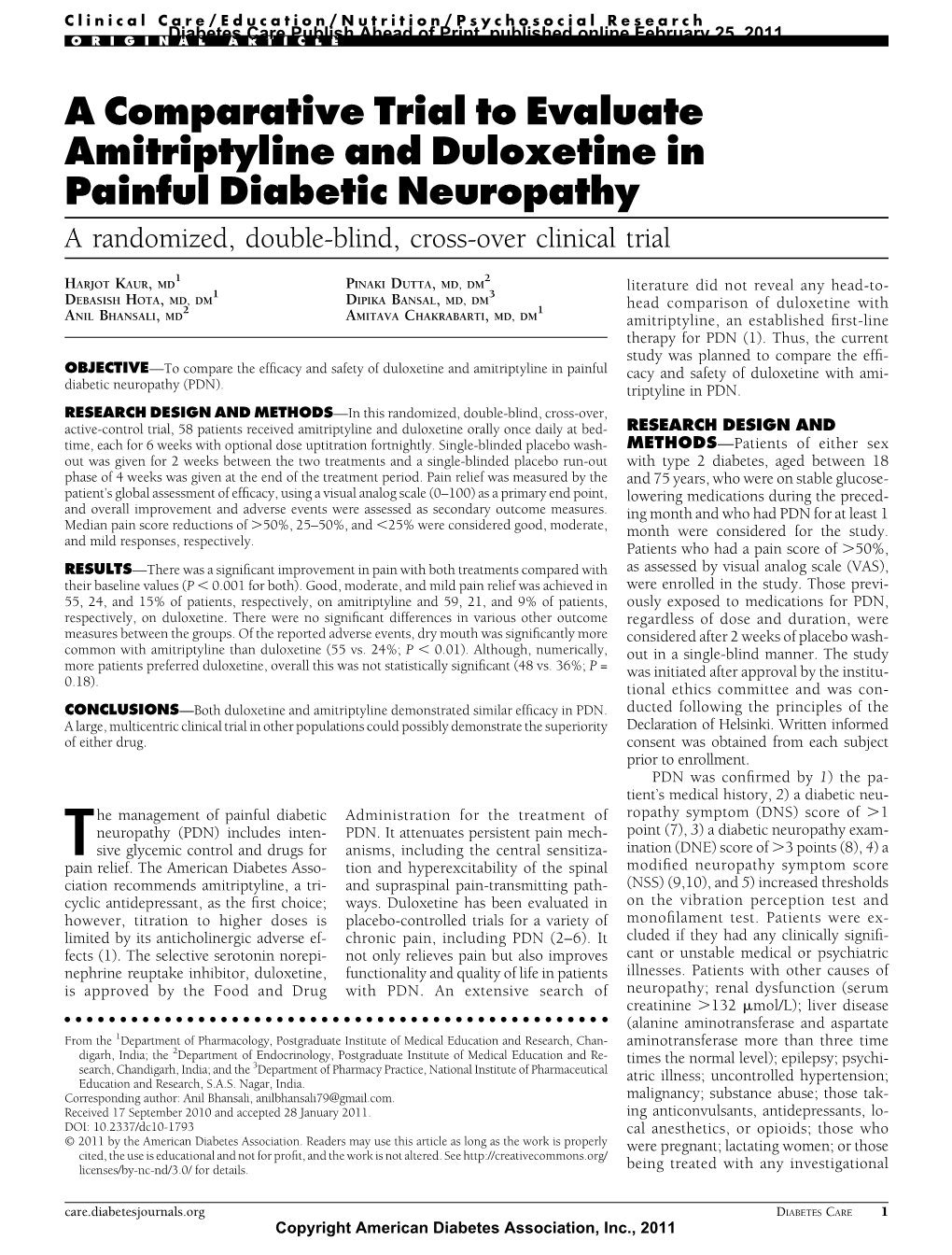 A Comparative Trial to Evaluate Amitriptyline and Duloxetine in Painful Diabetic Neuropathy a Randomized, Double-Blind, Cross-Over Clinical Trial