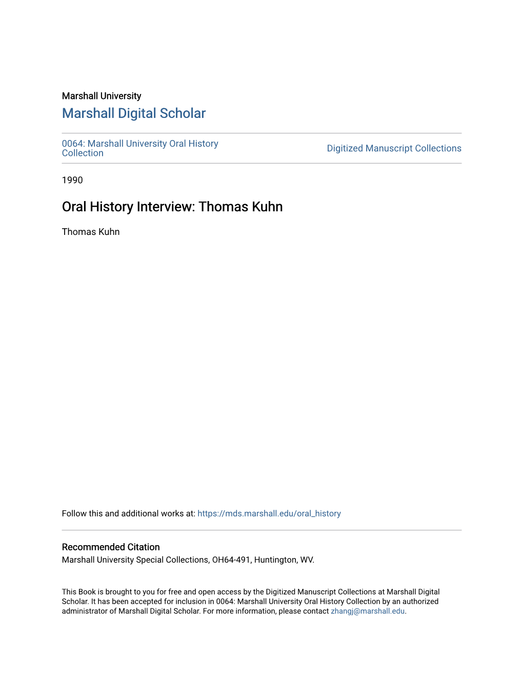 Oral History Interview: Thomas Kuhn