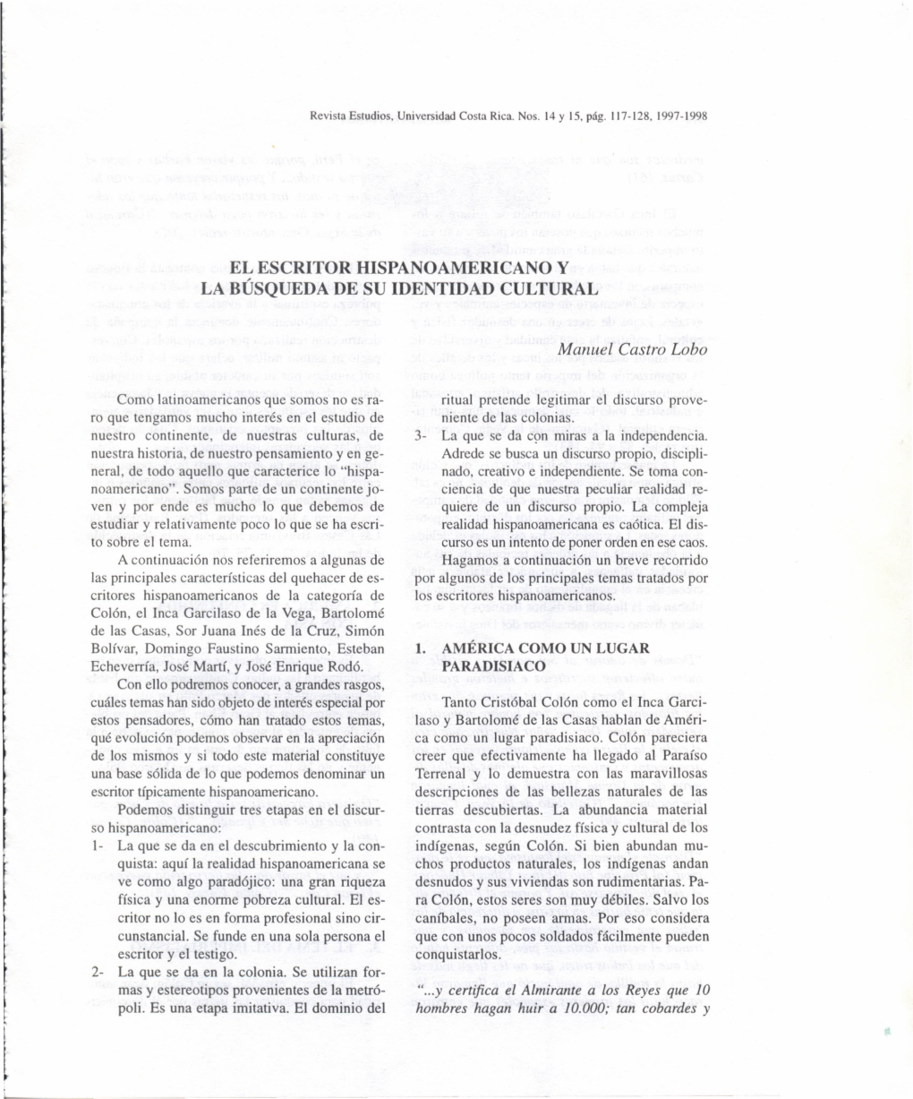 El Escritor Hispanoamericano Y La Búsqueda De Su Identidad Cultural