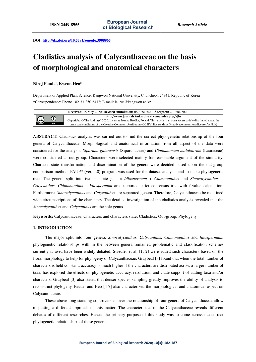 Cladistics Analysis of Calycanthaceae on the Basis of Morphological and Anatomical Characters