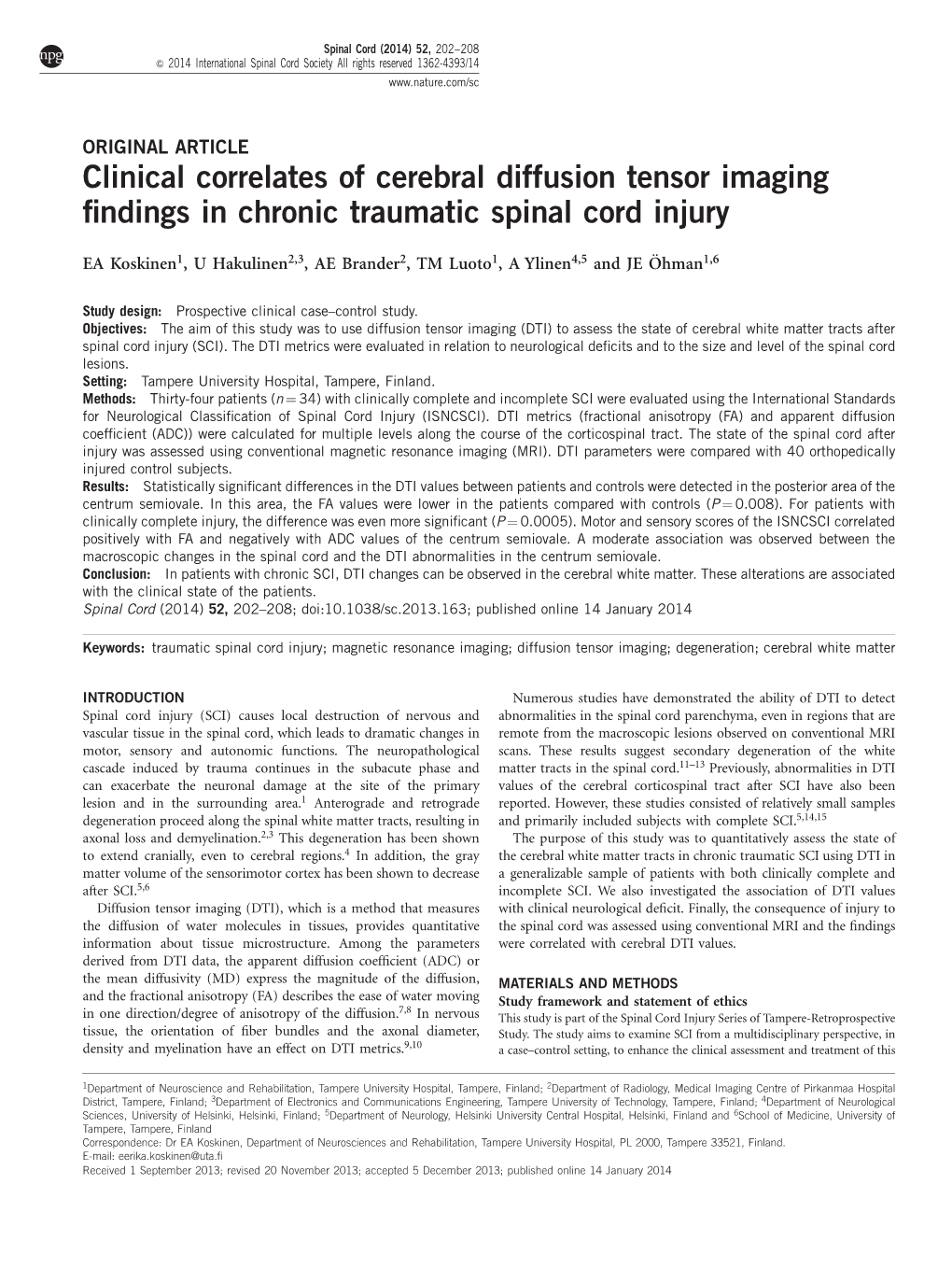 Clinical Correlates of Cerebral Diffusion Tensor Imaging Findings in Chronic