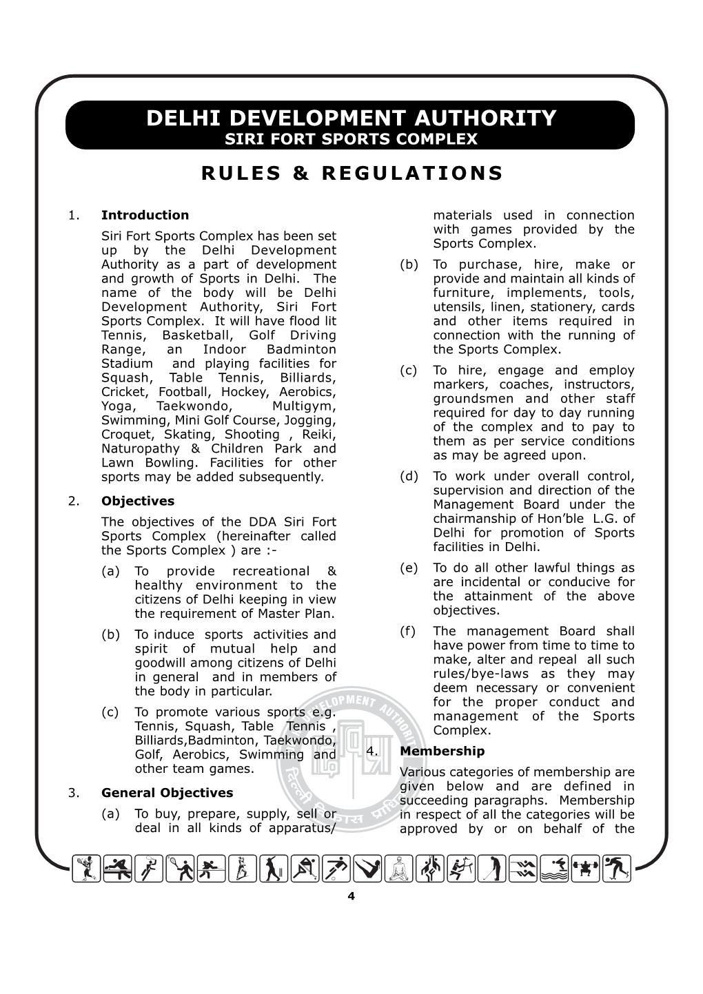 Delhi Development Authority Siri Fort Sports Complex Rules & Regulations