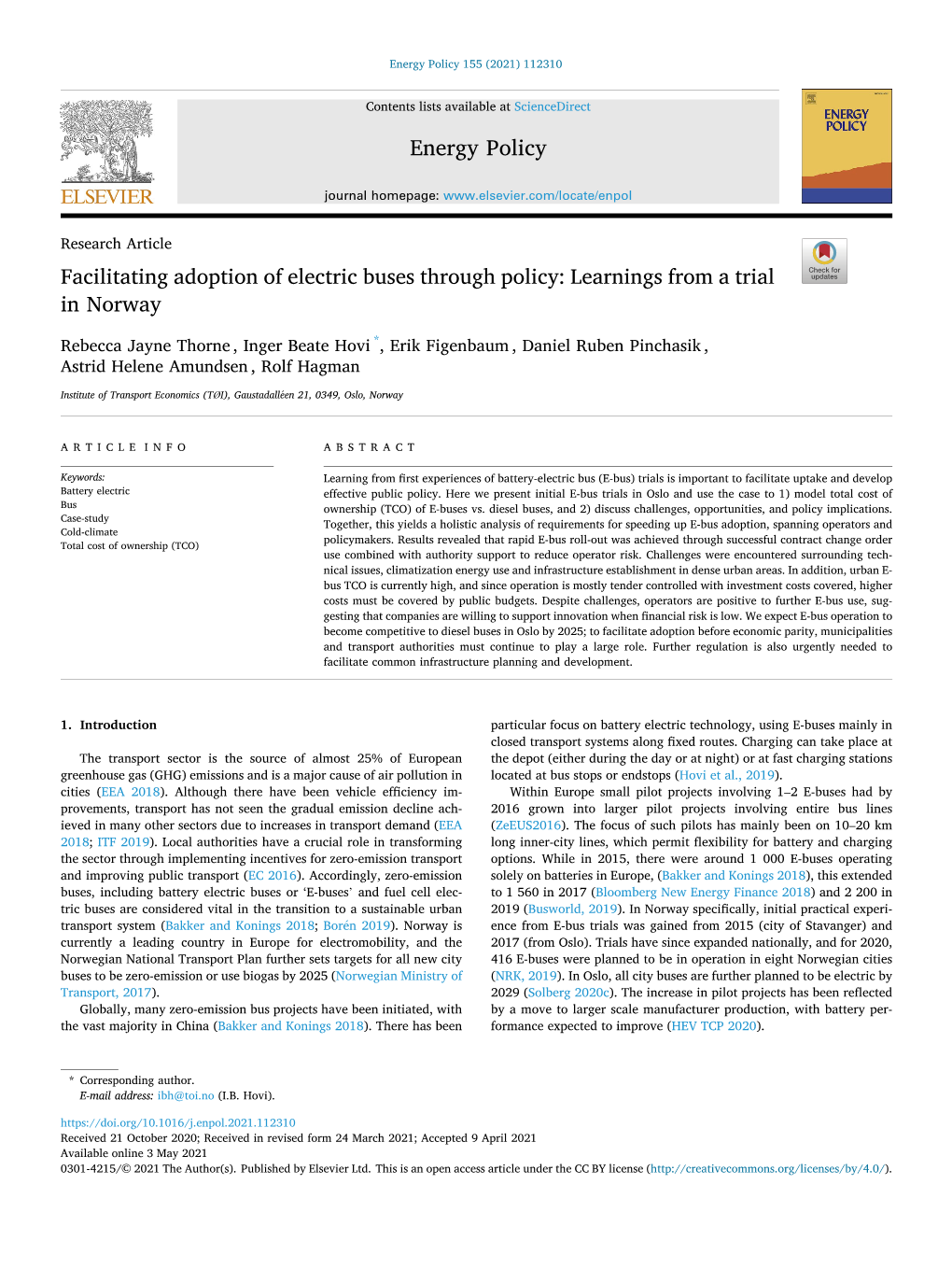 Facilitating Adoption of Electric Buses Through Policy: Learnings from a Trial in Norway